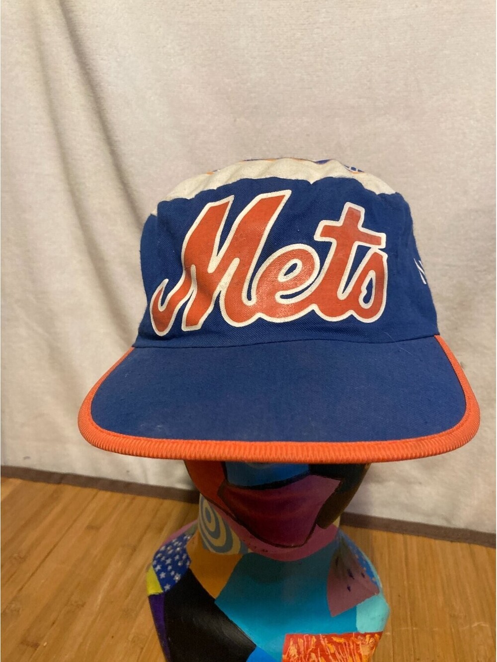 Vintage 80s New York Mets Cycling Cap Hat Painter Style Elastic Back Blue MLB